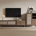 Minimalist Wooden TV Stand With Rattan Panels Storage Cabinet And Table Lamp