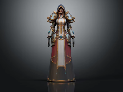 3D Elegant Fantasy Character Creature With Hooded Robe And Detailed Gold Blue Armor 3d model