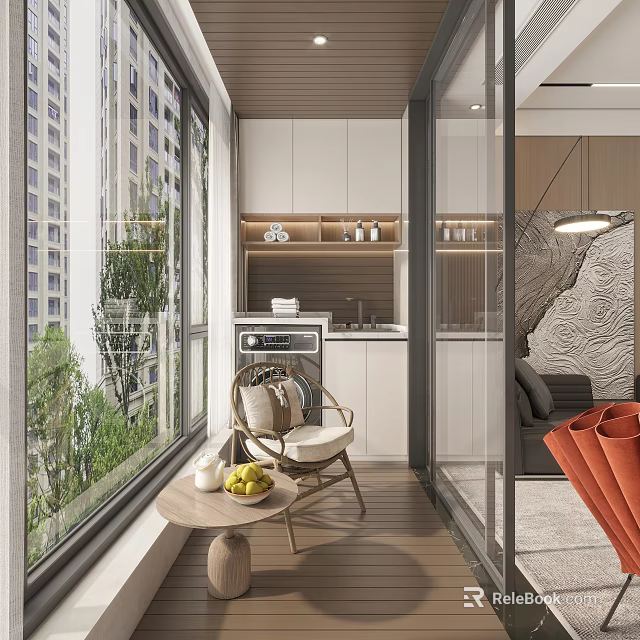Cozy Home Balcony With Large Windows Green View Wooden Flooring Table Chair And White Cabinets 3d model 