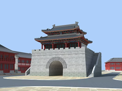 Traditional Chinese Ancient Architecture Three Story Tower With Classic Curved Roof And Stone Archway 3d model