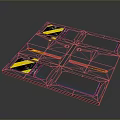 Blue Industrial Gate With Yellow Black Warning Stripes And Rectangular Circular Openings Design