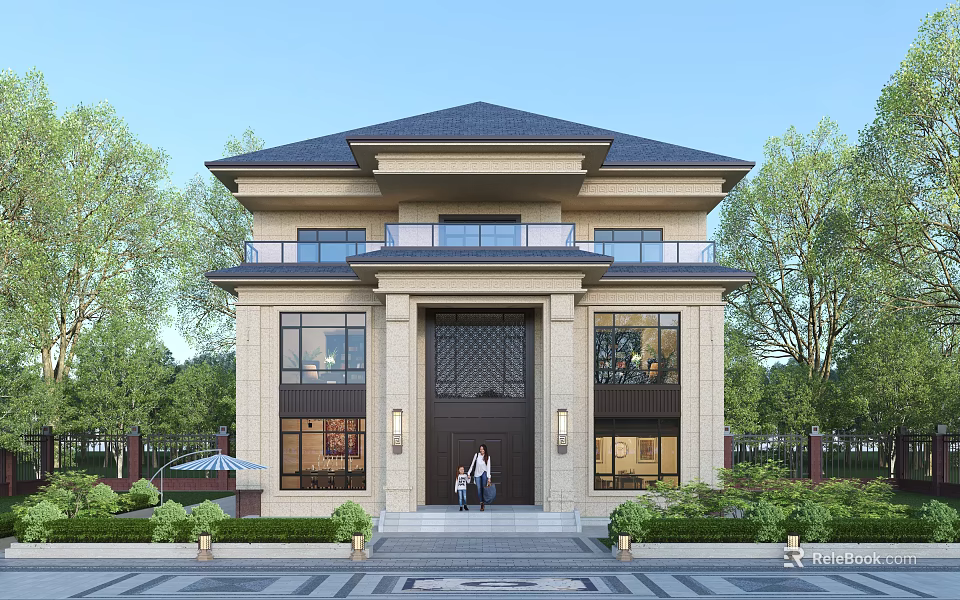 Traditional Chinese Detached Villa Exterior Design With Stone Facade Large Windows And Lush Greenery 3d model 