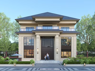 Traditional Chinese Detached Villa Exterior Design With Stone Facade Large Windows And Lush Greenery 3d model
