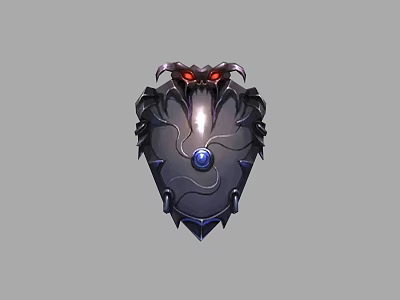 Game Movie Character Demonic Shield with Red Glowing Eyes Blue Gemstone and Metallic Texture Design 3d model