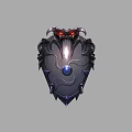 Game Movie Character Demonic Shield with Red Glowing Eyes Blue Gemstone and Metallic Texture Design