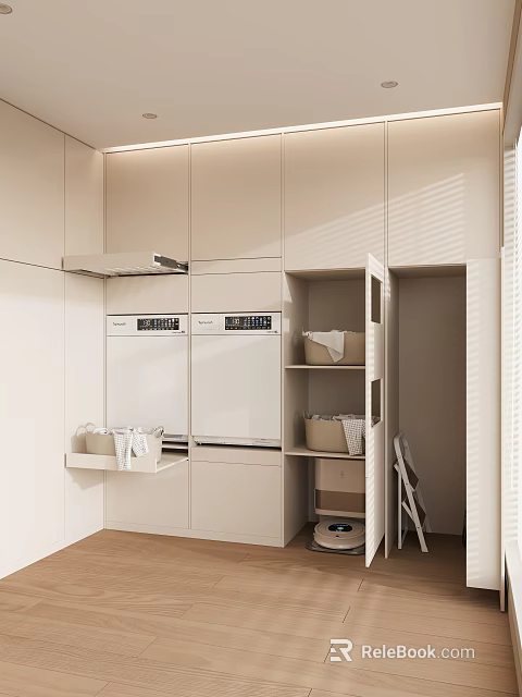 Light-toned Modern Kitchen Interior With White Cabinets Double-door Appliances Open Storage And Wooden Flooring 3d model 