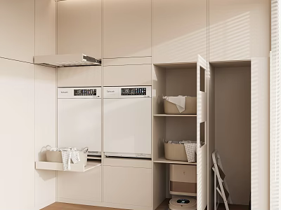 Light-toned Modern Kitchen Interior With White Cabinets Double-door Appliances Open Storage And Wooden Flooring 3d model