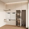 Light-toned Modern Kitchen Interior With White Cabinets Double-door Appliances Open Storage And Wooden Flooring