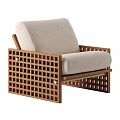 Stylish Lounge Chair With Wooden Grid Frame And Light Fabric Cushion Design