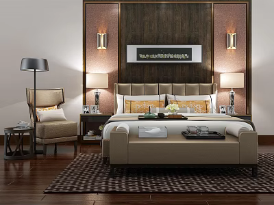 Elegant Background Double Bed with Upholstered Headboard Pillows Nightstands Table Lamps Wooden Wall and Rug 3d model