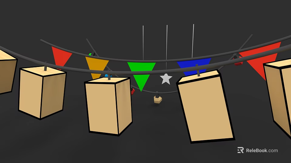Square Beige Lanterns Hanging With Colorful Triangular Flags On Dark Background 3d model 