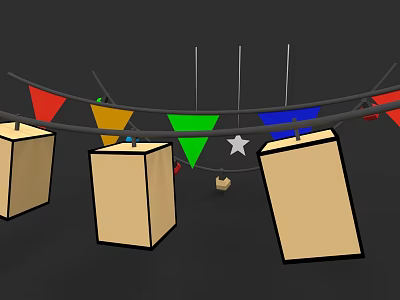 Square Beige Lanterns Hanging With Colorful Triangular Flags On Dark Background 3d model