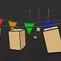 Square Beige Lanterns Hanging With Colorful Triangular Flags On Dark Background