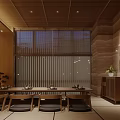 Japanese Zen Restaurant With Stone Wall Light Strips Pine Tree Decoration And Tatami Floor