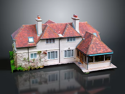 Cartoon House Scene With Red Roof Chimneys Windows And Green Plants 3d model
