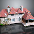 Cartoon House Scene With Red Roof Chimneys Windows And Green Plants