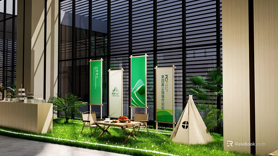Outdoor Interactive Area With Green White Banner Flags Lawn Tables Chairs Tent And Green Plants 3d model 