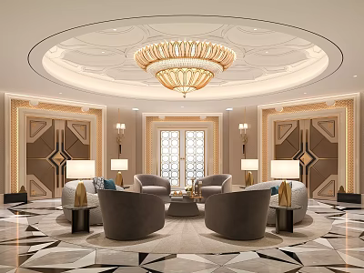 Elegant Living Room With Round Golden Chandelier Gray Sofas Geometric Marble Floor And Decorative Walls 3d model