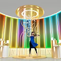 Golden Display Shelves With Candles In Colorful Background With Woman Playing Violin