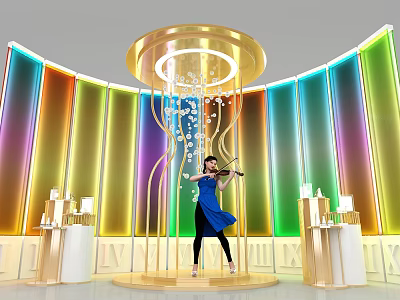 Golden Display Shelves With Candles In Colorful Background With Woman Playing Violin 3d model