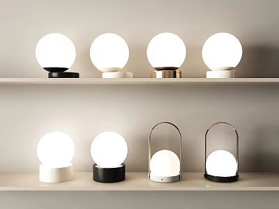 Modern Table Lamps With Spherical Shades And Various Base Designs On Shelves 3d model