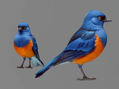 Vibrant Blue and Orange Birds With Striking Feather Details and Upright Stance 3d model