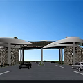 Stone and Wooden Entrance Gate Archway With Wide Road And Cars Driving Under Blue Sky