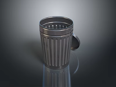 Metal Striped Trash Can With Open Lid On Dark Reflective Surface 3d model