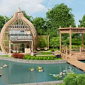 Unique Dome Shaped Wooden House With Glass Railing Balcony On Green Lawn Surrounded by Trees
