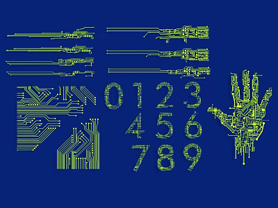 Blue Background Wall Decor With Yellow Lines Circuit Board Elements Numbers And Hand Design 3d model