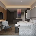 Modern Hotel Guest Room Featuring King Size Bed Floor to Ceiling Windows and Bathroom