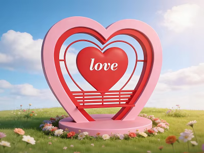 Romantic Heart Shaped Photo Spot With Love Sign Bench Grassland Flowers And Blue Sky 3d model