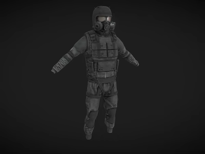 Game Movie Character In Tactical Gear With Helmet Gas Mask Dark Uniform And Protective Vest 3d model