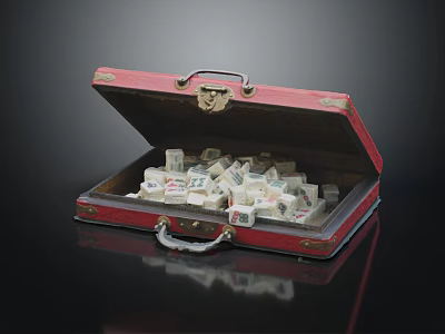 Open Red Suitcase Filled With Mahjong Tiles For Chess And Card Entertainment 3d model