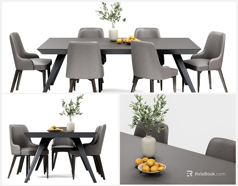 Modern Dining Table Set With Gray Chairs Dark Table Vase Lemons And Green Plant 3d model 