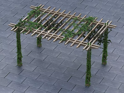 Wooden Pergola Covered With Green Vines Standing On Stone Tile Ground 3d model