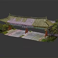 Traditional Chinese Entrance Gate With Grey Tiled Roof And Red Pillars Surrounded By Trees