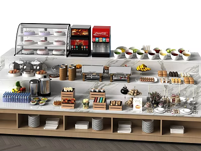 Buffet Station With Glass Display Case Coca Cola Dispenser Fruits Desserts Bread And Coffee Utensils 3d model