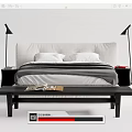 Modern Double Bed With Striped Bedspread Pillows Wooden Bench Nightstands And Table Lamps