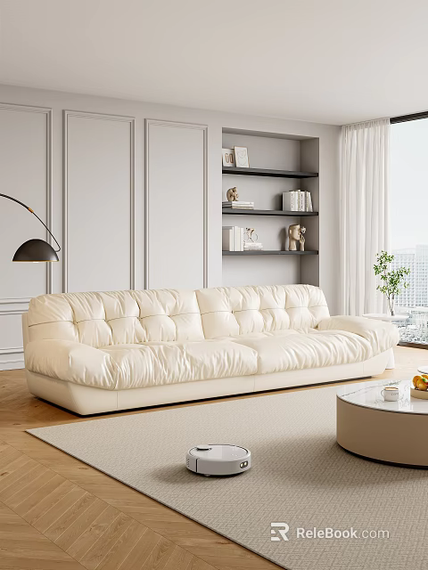 White Multi-seat Sofa in Living Room with Beige Rug Round Coffee Table Floor Lamp Bookshelf 3d model 