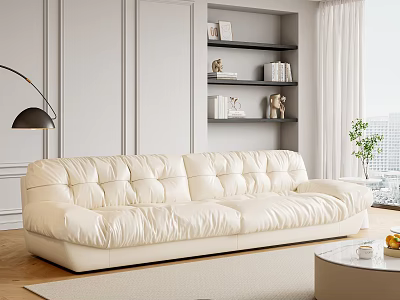 White Multi-seat Sofa in Living Room with Beige Rug Round Coffee Table Floor Lamp Bookshelf 3d model