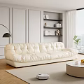 White Multi-seat Sofa in Living Room with Beige Rug Round Coffee Table Floor Lamp Bookshelf