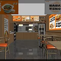 Wooden Restaurant Interior With Bright Lighting Menu Posters Tables And Orange Chairs