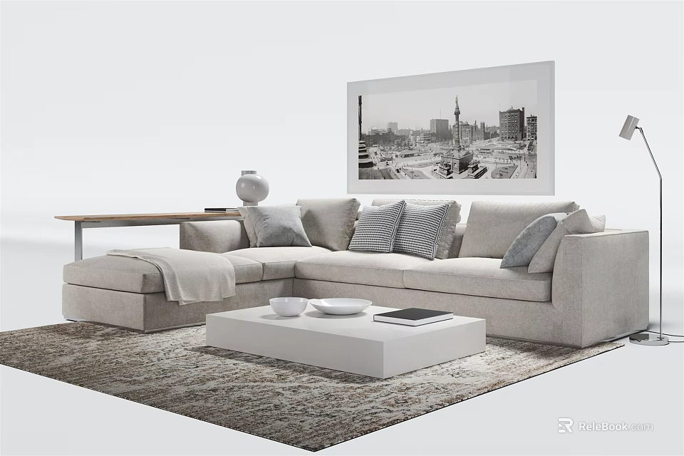 Light Colored Sectional Sofa With Throw Pillows Coffee Table And Modern Wall Art 3d model