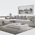 Light Colored Sectional Sofa With Throw Pillows Coffee Table And Modern Wall Art 3d model