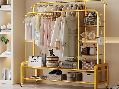 Gold Rolling Clothes Rack With Hanging Dresses Coats And Storage Bags Boxes 3d model