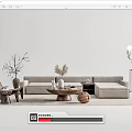 Modern Light Gray Sofa and Round Coffee Table Set with Decorative Plants and Floor Lamp