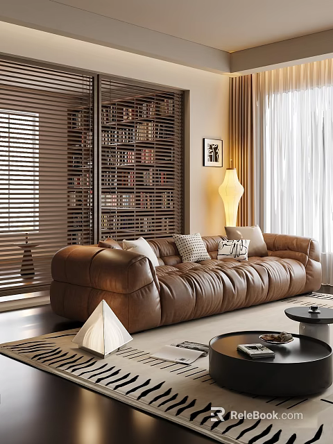 Elegant Brown Leather Sofa And Round Coffee Table Set For Cozy Modern Home Living Room 3d model 