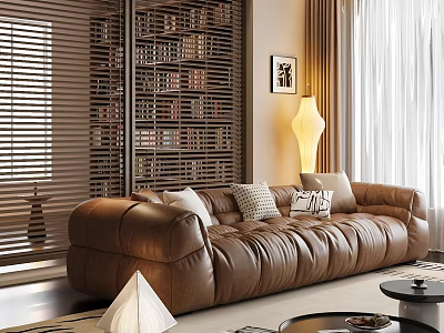 Elegant Brown Leather Sofa And Round Coffee Table Set For Cozy Modern Home Living Room 3d model