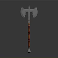 Ancient Battle Axe Weapon With Metallic Head Intricate Carvings And Red Orange Handle